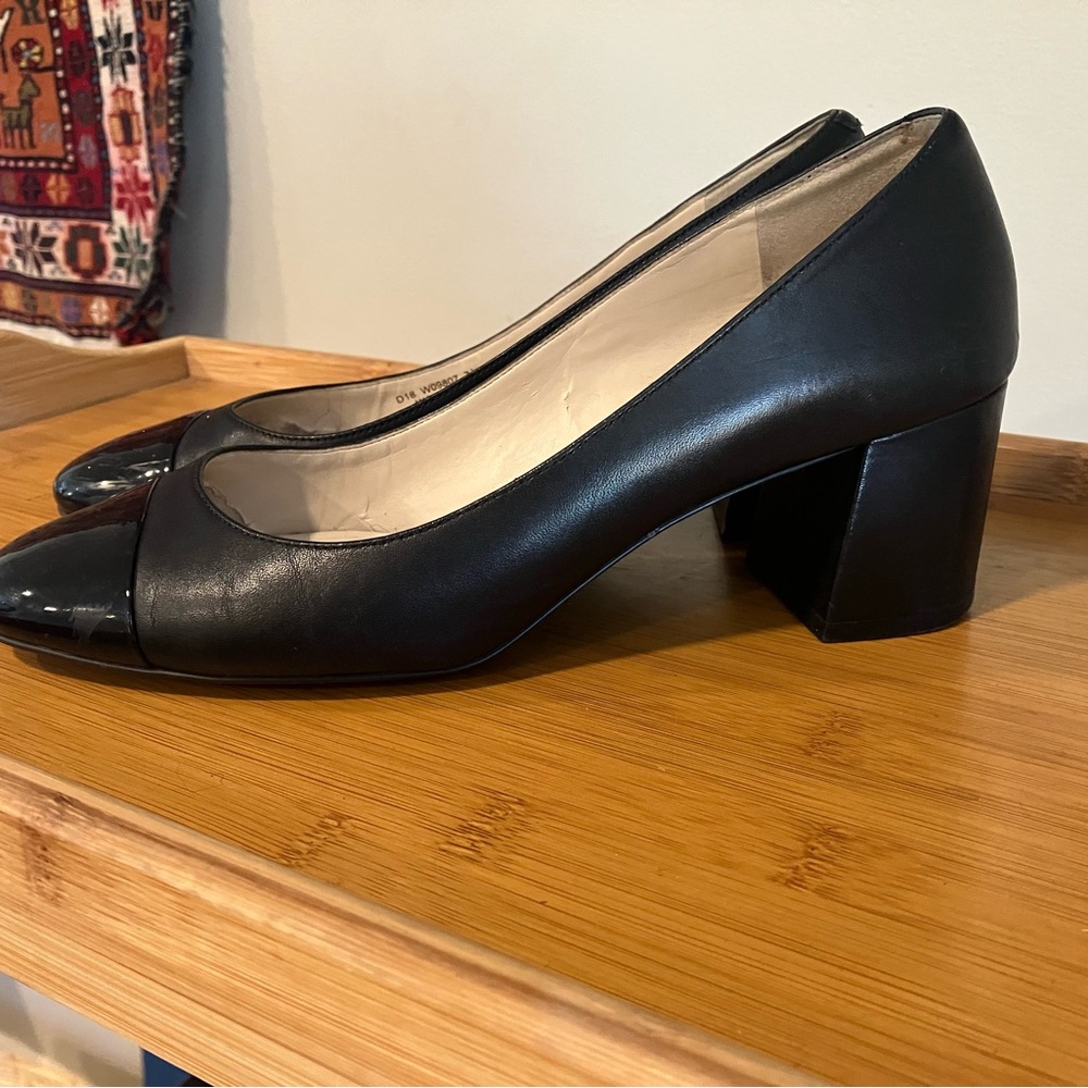 Cole Haan Black Leather Pumps with Patent Toe Cap